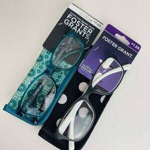 RG0360 Lot of 2 Foster Grant Unisex Crystal Vision Reading Glasses w/ Case +1.25